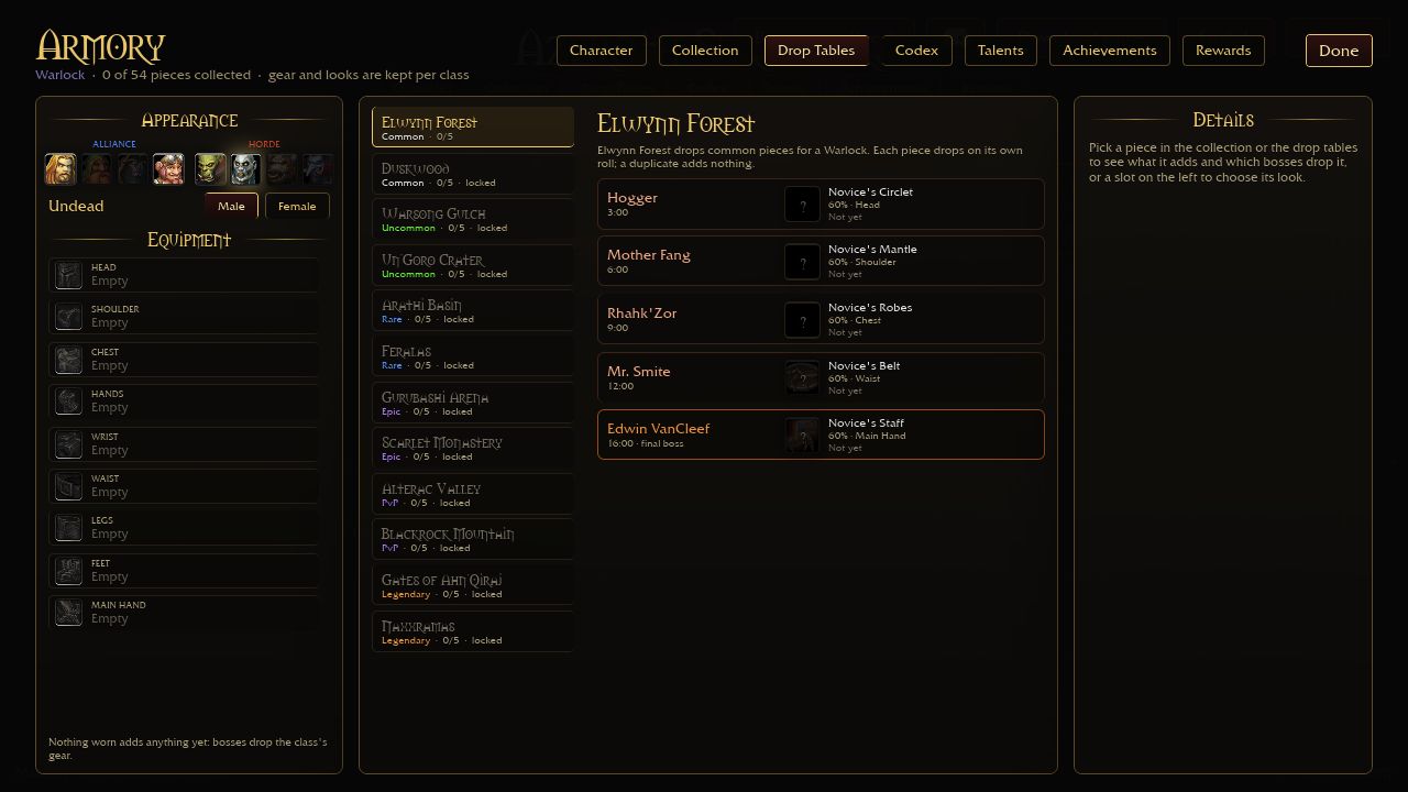 Warlock Elwynn Forest drop-table menu