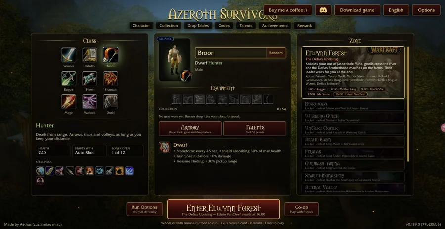 Azeroth Survivors — Jäger: Startzauber, Zauberauswahl und Ausrüstungsplätze