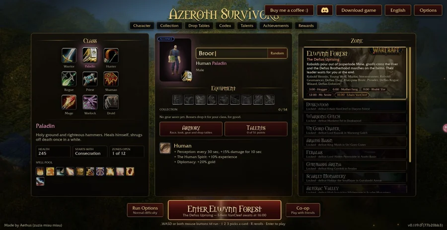 Azeroth Survivors — Paladin: Startzauber, Zauberauswahl und Ausrüstungsplätze