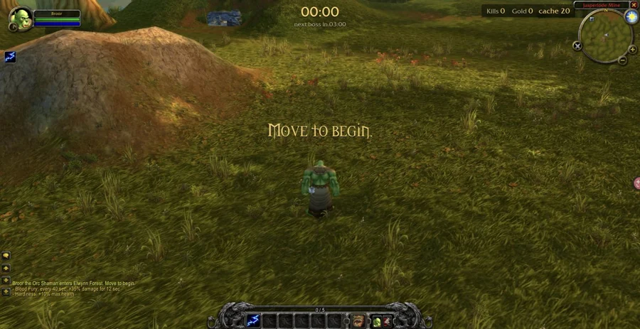 艾澤拉斯倖存者（Azeroth Survivors） — 艾爾文森林剛開始、尚未移動的畫面：左上看生命，上方看計時，下方看技能