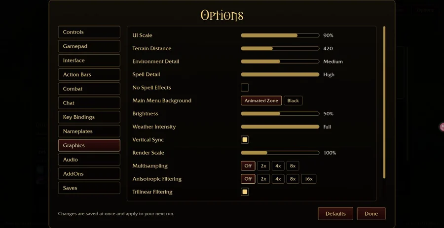 Azeroth Survivors — Options → Graphics：表示設定の場所です