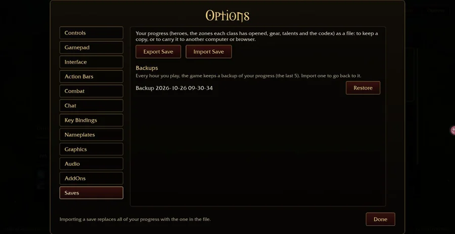 Azeroth Survivors — Options → Saves：インポートの前にエクスポート