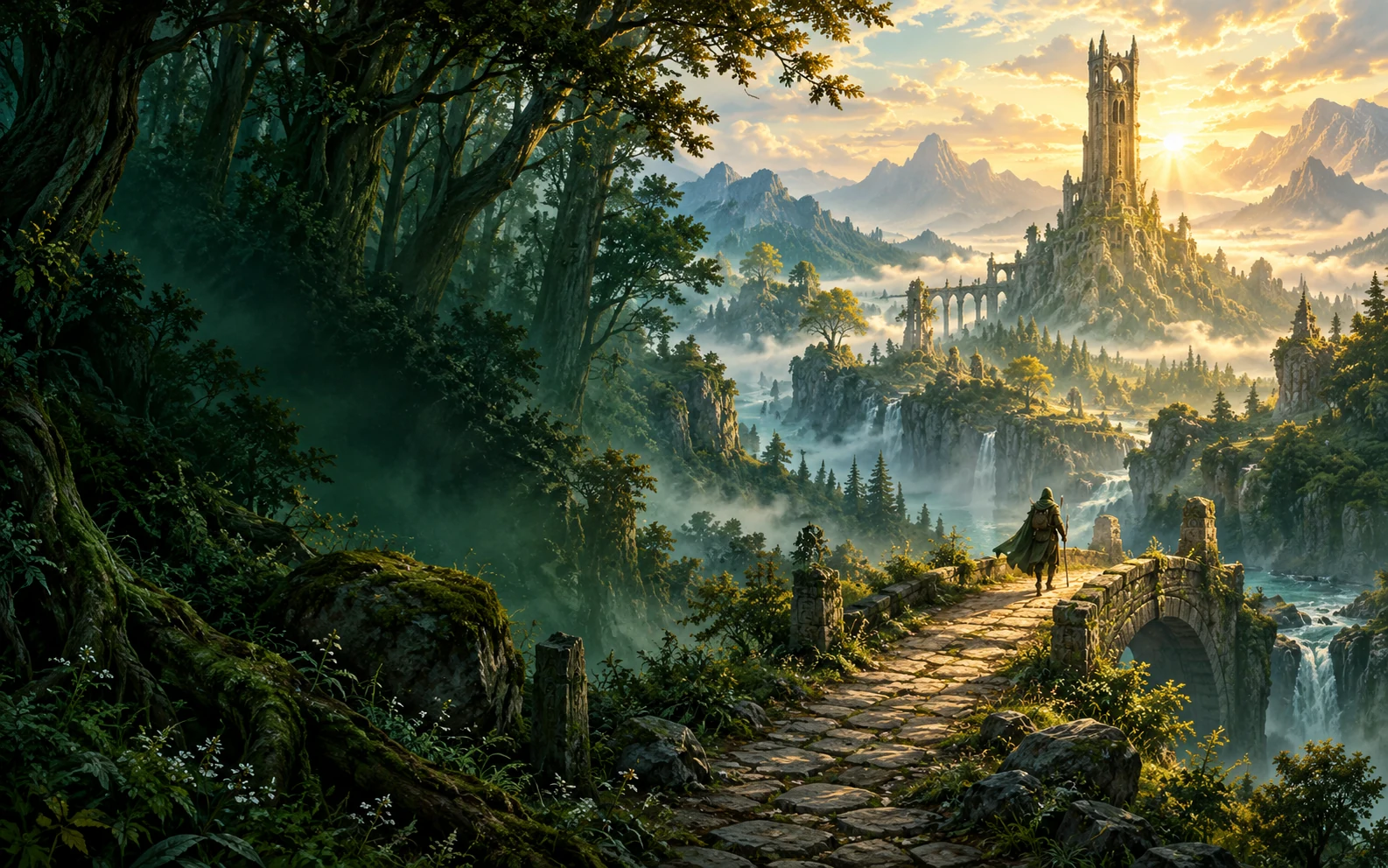 An illustrated woodland path leading across a stone bridge to a sunlit tower